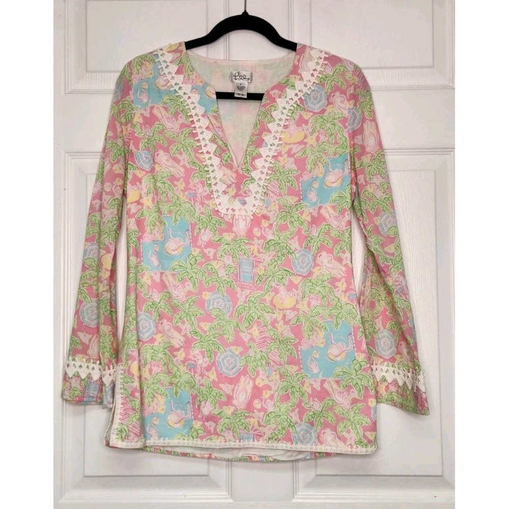 Lilly Pulitzer "Lilly's B & B" pattern Long Sleeve Tunic pink w monkeys